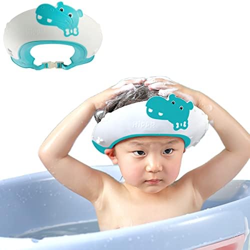 Baby Shower Cap Shield, Shower Cap for Kids, Visor Hat for Eye and Ear Protection for 0-9 Years Old Children,Cute Dinosaur/Crocodile/Hippo shape Makes the Baby Bath More Fun (Hippo, Blue) - Image 2