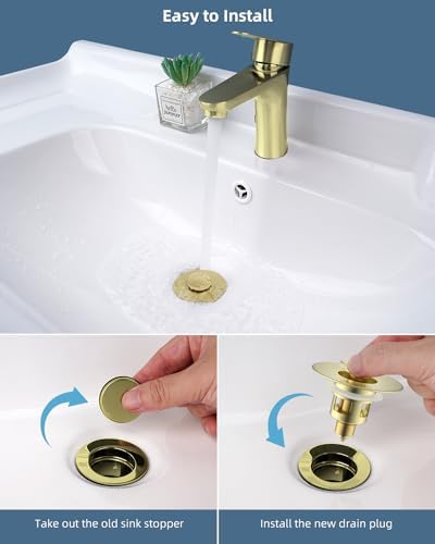Hibbent All Metal Universal Bathroom Sink Stopper for 1.1''~2.3'' Basin, Pop Up Sink Drain Strainer, Brass Bullet Core Push Type Stopper, Stainless Steel Anti Clogging Drain Filter, Brushed Gold - Image 4