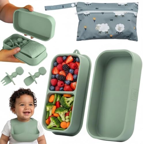 Baby Travel Feeding Set with Silicone Suction Plates, Green Small by PalzPandy