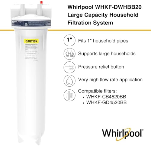 Whirlpool 20" x 4.5" Whole House Water Filter Housing, NSF Certified System for Sediment Carbon Filter, Home Pre-Filtration for Well and City Water, 1" Port with Pressure Relief, Filter Not Included - Image 2