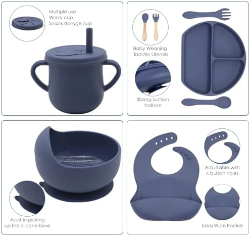100% Silicone Baby Feeding Set, BPA Free Baby Dishes with Suction Bowl, Divided Plate, Toddler Self Feeding Dish Set with Spoons, Forks, Sippy Cup and Bib, Baby Eating Utensils (Navy Blue) - Image 3