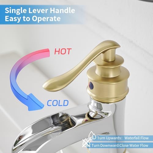BWE Brass Waterfall Bathroom Faucet, Brushed Gold & Chrome for Modren Style - Image 4