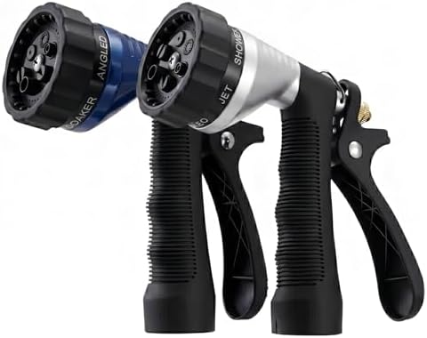 GREEN MOUNT Water Hose Nozzle 2-Pack, Zinc Alloy Garden Spray Nozzle with Adjustable Spray Patterns, Leakproof Rustproof Trigger Lock for Outdoor Cleaning & Car Wash, Silver& Blue by GREENMOUNT