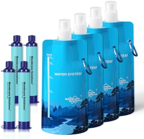 Membrane Solutions Squeezable Water Filtration System, Survival Water Purifier Kit, Portable Backpacking Gear Including Water Filter Straw and 23oz Collapsible Bottle for Hiking Camping Travel(4+4) by MembraneSolutions