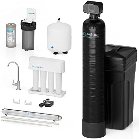 Aquasure 32,000 Grains Whole House Water Softener Bundle with 75 GPD Reverse Osmosis RO Filtration System, Triple Purpose Pre-Filter, 8 GPM Ultraviolet UV Sterilizer Light (1-2 Bathrooms) by Aquasure