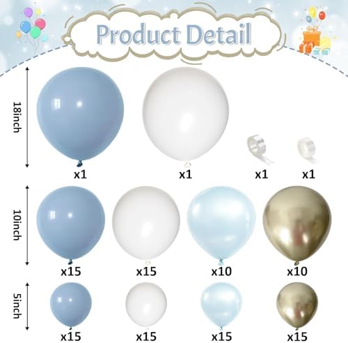 Dusty Blue Balloon Garland Arch Kit, 114pcs Pastel Blue Pearl White Metallic Light Gold Latex Balloons Set for Boy Girl Boho Ocean Baby Shower Boy Birthday Wedding Bridal Shower Party Decorations - Image 2