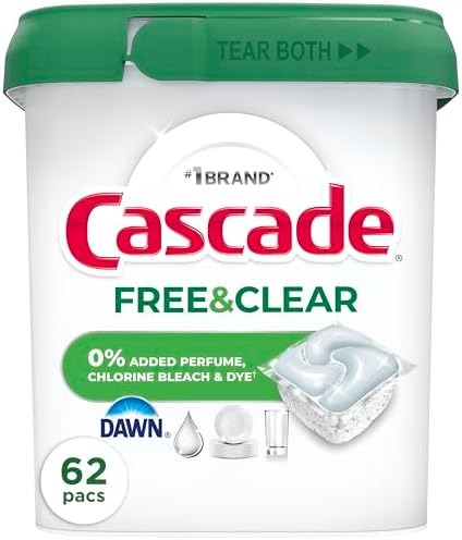 Cascade Free & Clear Dishwasher Pods, Dishwasher Detergent, Dish Detergent Soap, Unscented, 62ct by Cascade