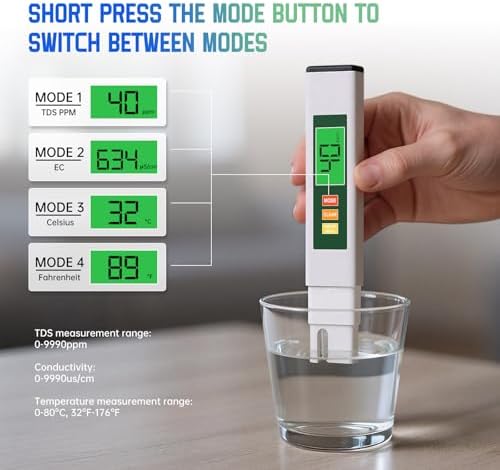 TDS Water Tester, 4 in 1 TDS Meter Digital Water Tester for Drinking Water, Professional 0-9990ppm PPM EC & Temp Water TDS Meter for Home & Travel Regular Water Quality Testing White & Green 6 in - Image 4