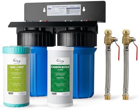 iSpring WGB21B-KS+AHPF12MNPT16X2 2-Stage Whole House Water Filtration System w/ 3/4'' Push-Fit Braided Stainless Steel Hose Connectors, Removes Chlorine, Lead, Odor and More, 1" Inlet/Outlet Ports by iSpring