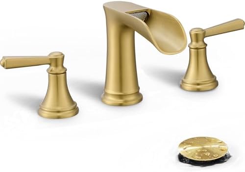 8 Inch Brushed Gold Bathroom Faucet 3 Hole, Brass Waterfall Bathroom Faucets Widespread 2 Handle with Pop up Drain & Pre-Installed cUPC Supply Lines for Vanity, 10 Mins Quick Installation by HEYMYTAP