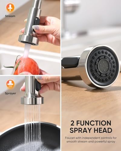 Pull Down Kitchen Faucet with Spring Sprayer, Brushed Nickel — SUS304 Lead-Free Stainless Steel, Single Handle, Fits 1 or 3-Hole Sink with Deck Plate for Farmhouse, RV, Bar, Laundry Room - Image 3