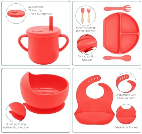 100% Silicone baby feeding set,BPA free Baby dishes set with Suction Bowl Divided Plate,Toddler Self Feeding Dish Set with Spoons Forks Sippy Cup And Bib, Baby Eating Utensils (Scarlet) - Image 4
