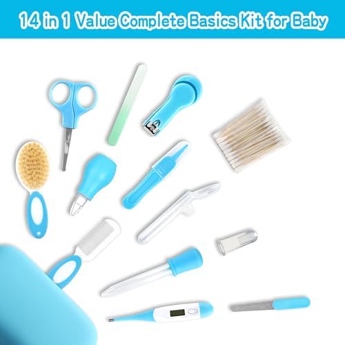 Baby Grooming Kit，Infant Safety Care Setwith Hair Brush Comb Nail Clipper Nasal Aspirator, Baby Essentials Kit for Newborn Girls Boys (14 PC-Blue Kit) - Image 2
