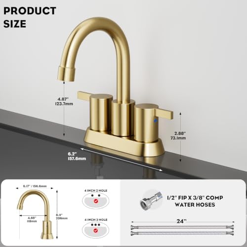 Brushed Gold 4 Inch 2 Handle Centerset Lead-Free Bathroom Faucet, Swivel Spout with Copper Pop Up Drain and 2 Water Supply Lines, BF015-1-BG - Image 4