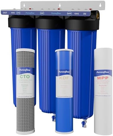 3-Stage Whole House Water Filter System, 20x4.5 Inch, Includes 2 Sets of PP, KDF & CTO Carbon Block, Heavy Metal Reduction, 1" NPT Brass Ports, by Purcooflow