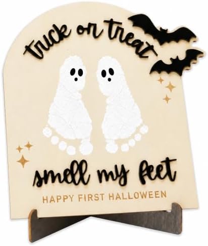 Baby First Halloween Handprint Kit, Trick or Treat Smell My Feet Sign, Halloween Footprint Craft Sign, DIY Baby Handprint & Footprint Keepsake Plaque, Halloween Nursery Decor by MAYVORO