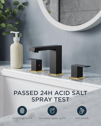 FORIOUS Widespread Black and Gold Bathroom Faucet Square, 8 in Black Faucet - Image 2