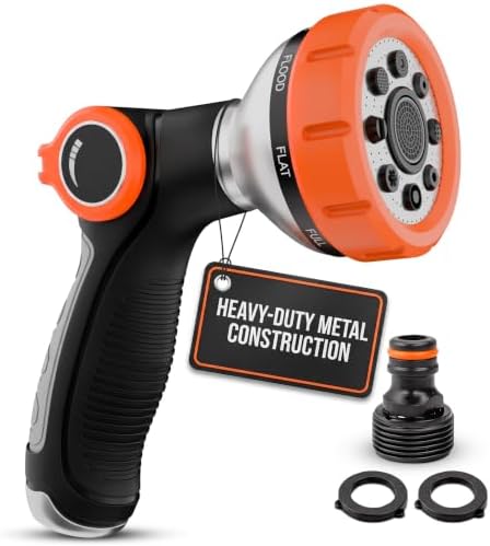 Metal Hose Sprayer Nozzle, 8 Spray Patterns, Flow Control, Black & Orange by VIKROM