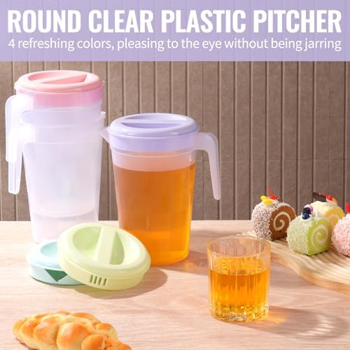 8 Pcs Plastic Pitcher with Lid & Handle, 2Qt Clear Water Pitcher Set, Round Beverage Pitchers with Easy Pour Spout for Water, Iced Tea, Party, Picnic, Camping and Home (4 Colors) - Image 5
