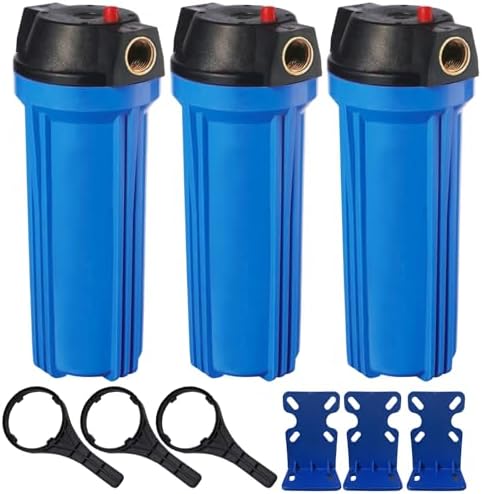 Geekpure 10-Inch Whole House Slim Water Filter Housing for 2.5" x 10" Filter - 3/4" NPT Brass Port - with Air Relief Valve-Blue-Pack of 3 by Geekpure