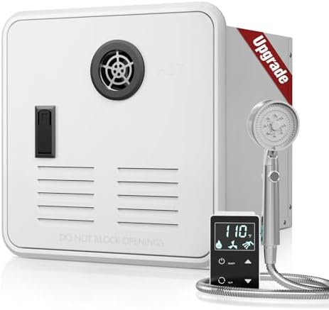 RV Tankless Water Heater with Front Shower Set, 65,000 BTU, 3.9 GPM, 2.80kPa, 12V Instant Endless Hot Water, Remote Control, Front Outlet for All RVs, 15 x 15 inches White Door by LALAHOO