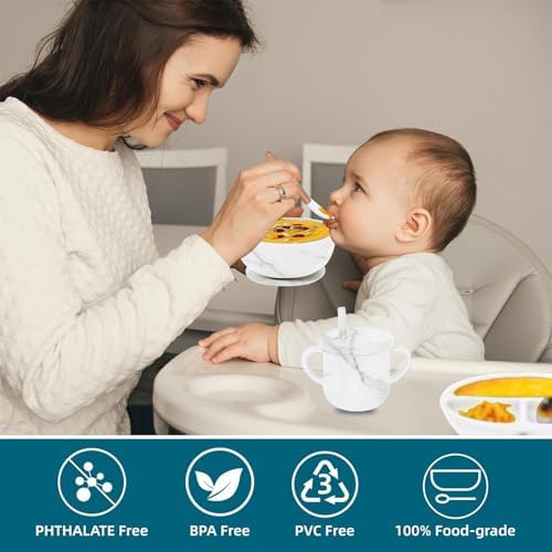 9pc BPA Free Silicone Baby Feeding Set - White: Suction Bowl, Divided Plate, Sippy Cup, Bib, Spoons, Forks - Baby Eating Utensils - Image 4