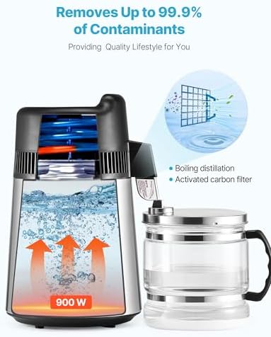 VEVOR Water Distiller, 6L/1.6 Gallon Larger Water Distilled Machine, 900W Distilling Water Maker with Glass Carafe, 0-99H Timing Set, Time & Temp Display, 304 Stainless Steel Water Stiller, Silver - Image 3