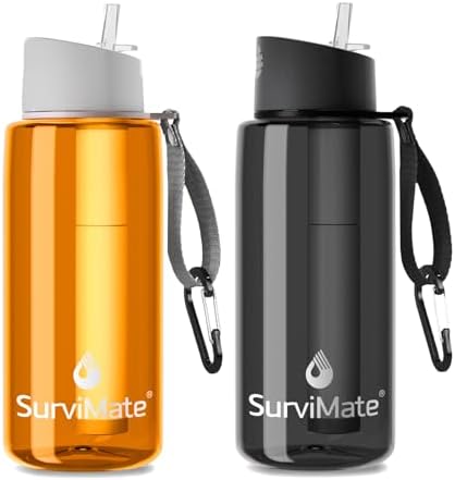 SurviMate Purified Water Bottle for Camping, Hiking, Backpacking and Travel, BPA Free with 5-Stage Intergrated Filter Straw by SurviMate