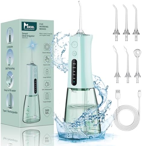 MOCEL Water Dental Flosser, Cordless Portable Oral Irrigator with OLED Display, 300ml Water Tank, 5 Cleaning Modes, 6 Jet Tips, IPX7 Waterproof Rechargeable Teeth Cleaner for Travel, Braces Green by MOCEL