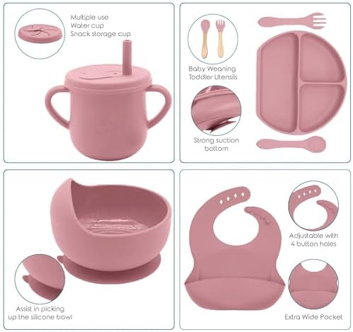 100% Silicone Baby Feeding Set,BPA Free Baby Dishes Set with Suction Bowl Divided Plate,Toddler Self Feeding Dish Set with Spoons Forks Sippy Cup and Bib, Baby Eating Utensils (Coral) - Image 4