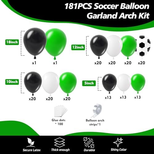 181Pcs Soccer Balloon Garland Arch Kit -Green White Black Soccer Party Decorations 18 12 10 5 Different Sizes Latex Party Balloons for Birthday World Football Boys Sports Theme Decorations 86 - Image 2