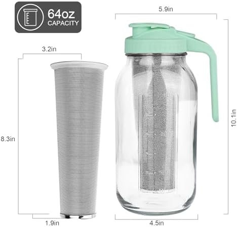 Cold Brew Coffee Maker, 64 oz Mason Jar Pitcher with Stainless Steel Filter, Pour Spout Handle Lid, Heavy Duty Glass Airtight & Leak-Proof for Iced Coffee,Tea & Lemonade - Image 3