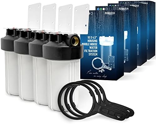 High Capacity 10 x 4.5” Whole House Filter Purifier System for Well or City Water, Presser Relief Button, 1” NPT Brass Port, Double O-Ring, Meets NSF Standards & Regulations (White, 4 Sets) by Ronaqua