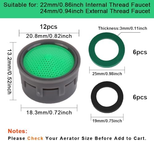 SHAP+ Faucet Aerator, Flow Restrictor Insert, Sink Aerator Replacement Parts for Bathroom or Kitchen Sink Faucet Filter, Fit for Internal and External Thread Faucet Aerators, with Washer (12pcs) - Image 2