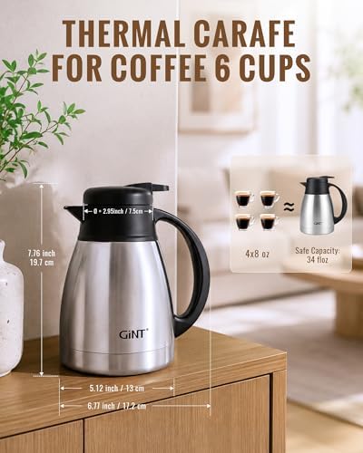 GiNT Insulated Coffee Carafe 34 Oz, Small Stainless Steel Flask for Hot Coffee with Fully Washable Detachable Lid, Portable Thermal Pitcher One-Hand Push Button Tea Dispenser for Travel Camping Office - Image 5