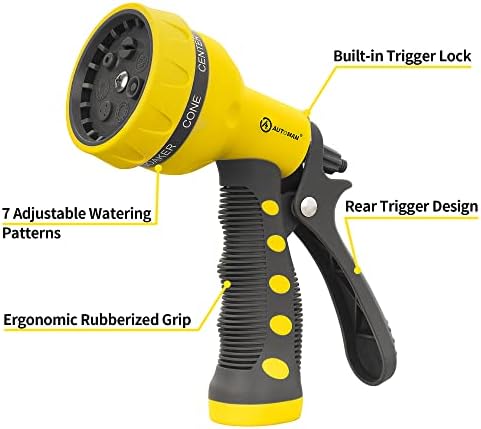 AUTOMAN-Garden-Hose-Nozzle,ABS Water Spray Nozzle with Heavy Duty 7 Adjustable Watering Patterns,Slip Resistant for Watering Plants,Lawn& Garden,Washing Cars,Cleaning,Showering Pets - Yellow - Image 2