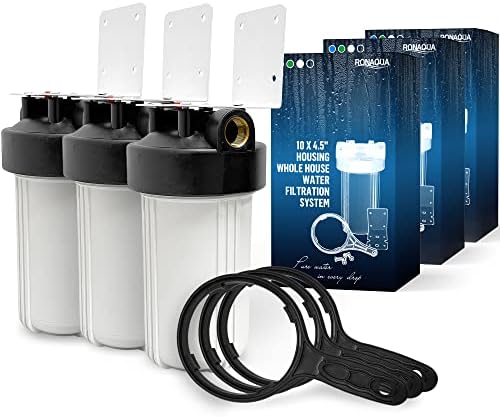 High Capacity 10 x 4.5” Whole House Filter Purifier System for Well or City Water, Presser Relief Button, 1” NPT Brass Port, Double O-Ring, Meets NSF Standards & Regulations (White, 3 Sets) by Ronaqua