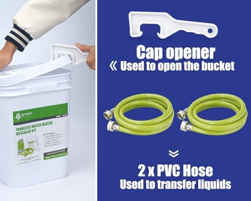 Green Expert Tankless Water Heater Flushing Kit, 1/4HP High-Flow Pump (1800 GPH), 3 Gallon Locking-Lid Bucket, 2×6ft 3/4" GHT PVC Hoses & Wrench, Descaling Maintenance Kit (Descaler Not Included) - Image 5