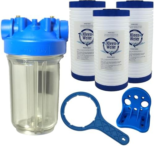KleenWater Premier Whole House Water Filter System with 3/4 Inch Inlet/Outlet, Dirt Sediment Cartridges 4.5 x 9.75 Inch (3), Transparent Housing (1), Bracket (1) & Wrench (1) by KleenWater