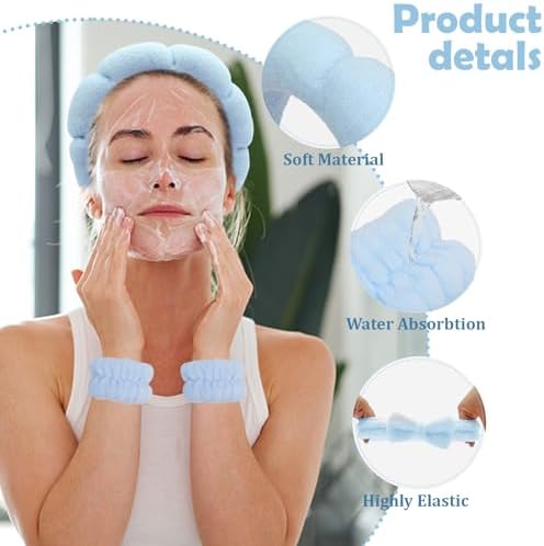 Blue Skincare Bubble headband and wristband set for Face Washing - Image 4