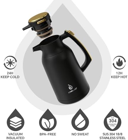 IDEUS Thermal Coffee Carafe 68oz, Beverage Dispenser Black-Gold - Image 2