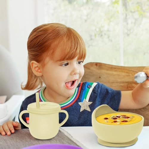 100% Silicone baby feeding set,BPA free Baby dishes set with Suction Bowl Divided Plate,Toddler Self Feeding Dish Set with Spoons Forks Sippy Cup And Bib, Baby Eating Utensils (Yellow) - Image 7