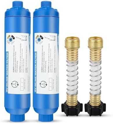 RV Inline Water Filter with 2 Flexible Hose Protector, Reduces Chlorine, Bad Taste, Corrosion, Rust, Sediments and Turbidity, Ideal for RVs, Garden, Gardening, Car Washing, Planting, 2 Pack by FAHKNS