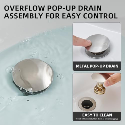 Pop Up Sink Drain Assembly with Overflow, Brushed Nickel - Image 3