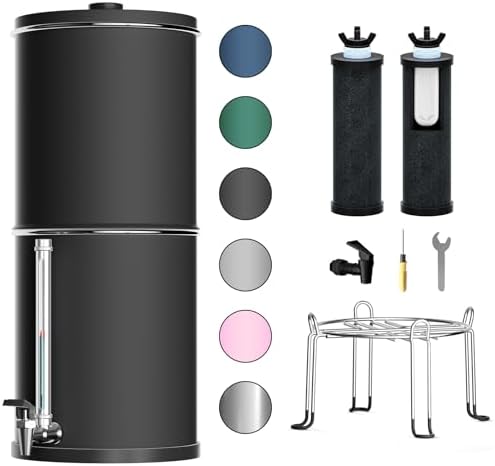 Purewell 3-Stage 0.01μm Ultra-Filtration Gravity Water Filter System, 304 Stainless Steel Countertop System with 2 Filters, Metal Water Level Spigot and Stand, Reduce 99% Chlorine, 2.25G, PW-OB-K by Purewell