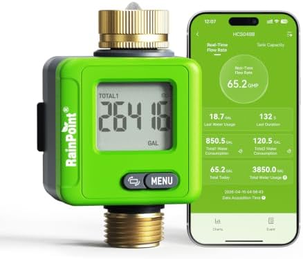 RAINPOINT Bluetooth Smart Water Flow Meter, Brass Fittings, 180° Flip LCD Screen, APP Monitor Water Usage & Flow Rate, Gallon/Liter Measure for Garden, RV, Sprinklers & Hose Nozzles,Green by RainPoint