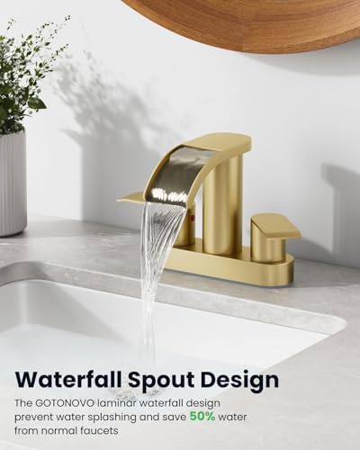 gotonovo 4’’ Centerset Bathroom Sink Faucet Waterfall Brushed Gold - Image 4