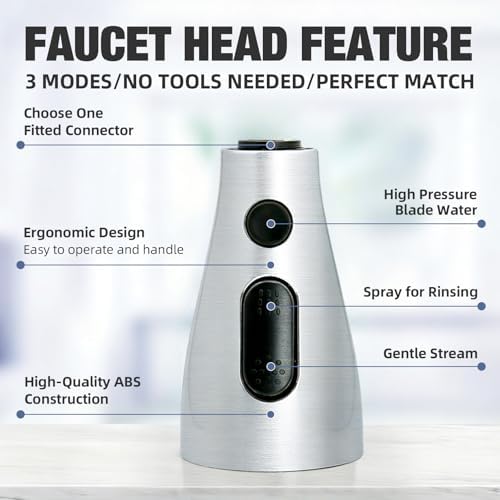 Kitchen Faucet Head Replacement, 3-Function Pull Down Spray Head with 9 Adapters, Sink Faucet Spray Head Compatible with Moen, Delta, American Standard Faucet, etc, Chrome - Image 5