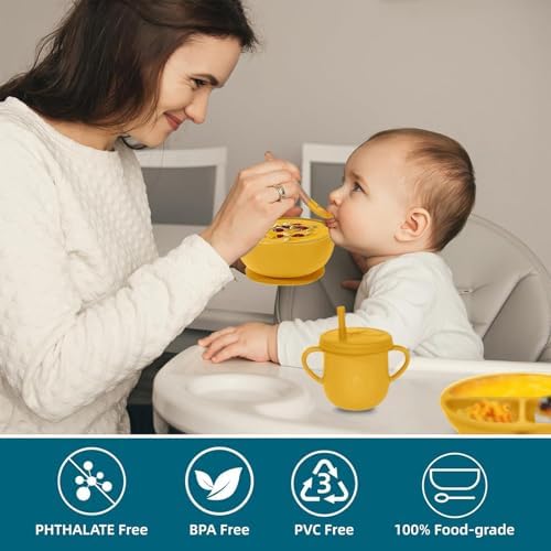 100% Silicone baby feeding set,BPA free Baby dishes set with Suction Bowl Divided Plate,Toddler Self Feeding Dish Set with Spoons Forks Sippy Cup And Bib, Baby Eating Utensils (Pumpkin) - Image 6