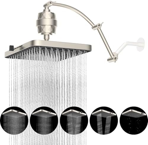 Hibbent Rain Filtered Shower Head, 13'' High Pressure Rainfall 5 Modes Showerhead with 16" Shower Head Extension Arm, Solid Brass Adjustable Shower Arm Extender, 20 Stage Shower Filter, Brushed Nickel by Hibbent